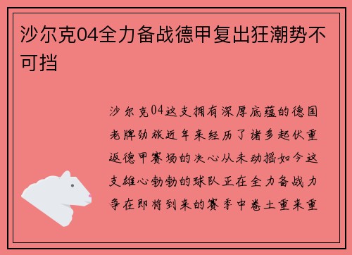沙尔克04全力备战德甲复出狂潮势不可挡